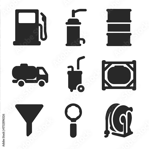 Fuel and Lubrication Icons. Solid style icons of fuel and lubrication systems: fuel dispenser, grease pump, oil barrel, fuel