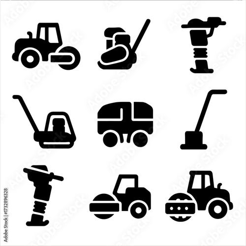 Compaction Equipment Icons. Solid style icons of compaction equipment: vibratory roller, plate compactor, rammer compactor,