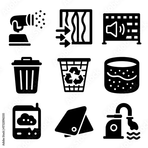 Environment Control Icons. Solid style icons of environment control and protection: dust control sprayer, air filter system, noise
