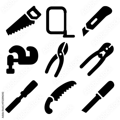 Cutting Tools Icons. Solid style icons of cutting tools: hand saw, hacksaw, utility knife, pipe cutter, tin snips, bolt cutter,