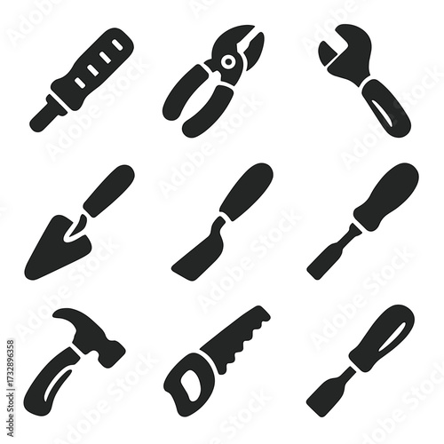 Ergonomic Tool Icons. Solid style icons of ergonomic tools: anti-slip handle, cushioned grip pliers, adjustable wrench with