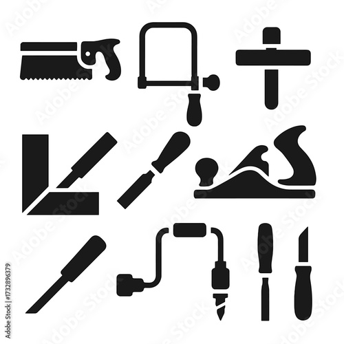 Woodworking Tools Icons. Solid style icons of woodworking tools: dovetail saw, coping saw, marking gauge, hand drill, bench plane,