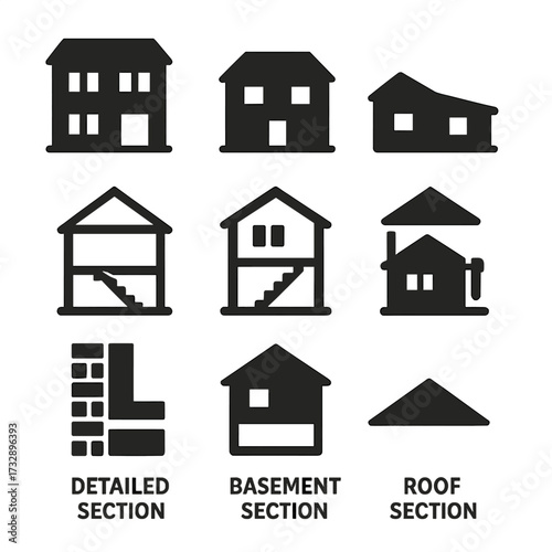 Building Section Icons. Solid style icons of building sections and elevations: front elevation, rear elevation, side elevation,