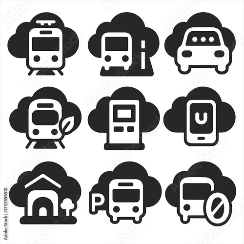 Public Transit Icons. Solid style icons of public transit solutions: tram with cloud, bus lane cloud, shared ride cloud, metro