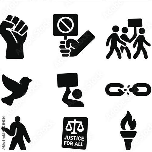 Racial Justice Icons. Solid style icons of racial justice and equity: Black Lives Matter fist, anti-racist sign, solidarity arm