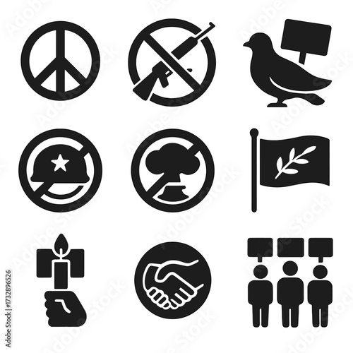 Peace Symbols Collection. Solid style icons of peace and anti-war protest: peace symbol, anti-weapon sign, dove with protest