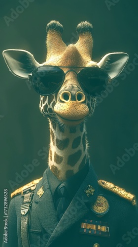 Unique giraffe in sunglasses wearing a uniform poses confidently against a background