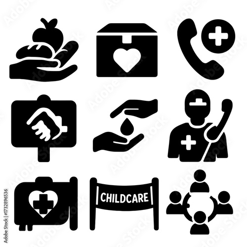 Community Support Icons. Solid style icons of mutual aid and community support: food distribution hand, aid box with heart,