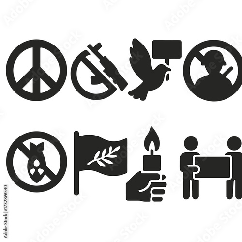 Peace Symbols Collection. Solid style icons of peace and anti-war protest: peace symbol, anti-weapon sign, dove with protest