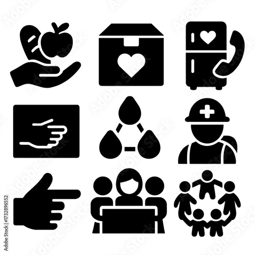 Community Support Icons. Solid style icons of mutual aid and community support: food distribution hand, aid box with heart,