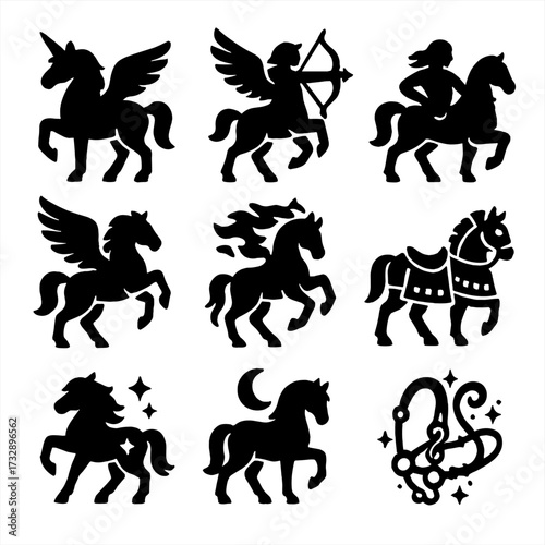 Mythical Horse Icons. Solid style icons of horses in mythology and fantasy: unicorn, Pegasus, centaur silhouette, winged horse