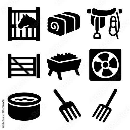 Horse Stable Elements. Solid style icons of horse barn and stable life: horse stall, hay bale, tack room, stable door, pasture