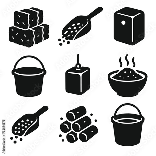 Horse Feed Icon Set. Solid style icons of horse feed and nutrition: hay flakes, grain scoop, mineral block, feed bucket, salt lick