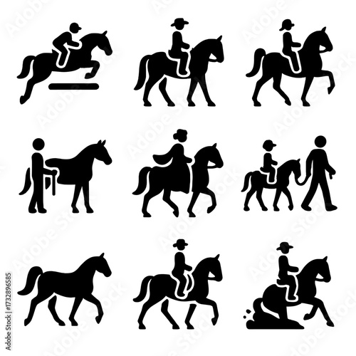 Horse Show Icons. Solid style icons of horse show categories: hunter jumper icon, western pleasure, gaited horse class, halter