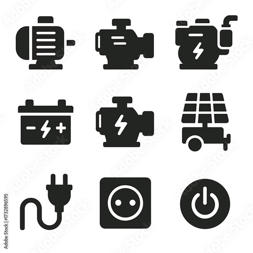 Compressor Power Icons. Solid style icons of compressor power sources: electric motor, gasoline engine, diesel engine,