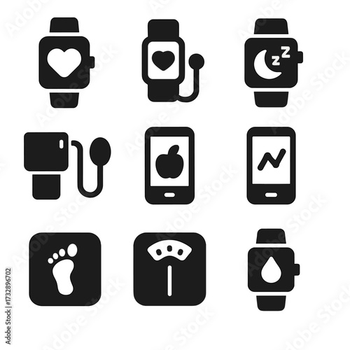 Health Monitoring Icons. Solid style icons of health monitoring: smartwatch heart, pulse oximeter, sleep tracker, blood pressure
