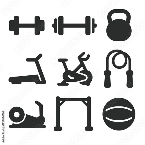 Fitness Icon Set. Solid style icons of fitness training: dumbbell, barbell, kettlebell, treadmill, exercise bike, jump rope,