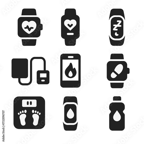 Health Monitoring Icons. Solid style icons of health monitoring: smartwatch heart, pulse oximeter, sleep tracker, blood pressure