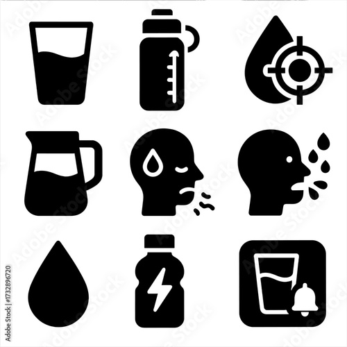 Hydration Icon Set. Solid style icons of hydration and fluid intake: glass of water, water tracking bottle, hydration goal icon,