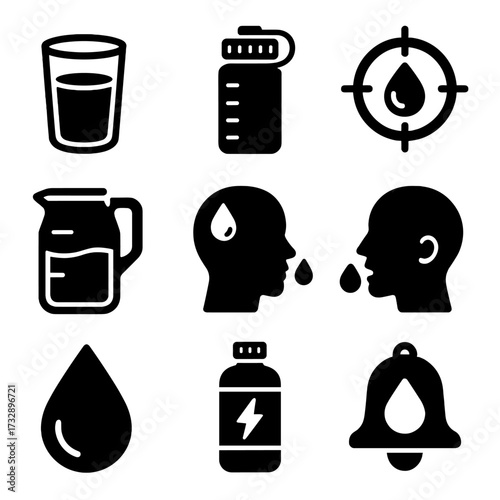 Hydration Icon Set. Solid style icons of hydration and fluid intake: glass of water, water tracking bottle, hydration goal icon,