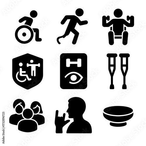 Inclusive Fitness Icons. Solid style icons of adaptive and inclusive fitness: wheelchair athlete, prosthetic runner, seated