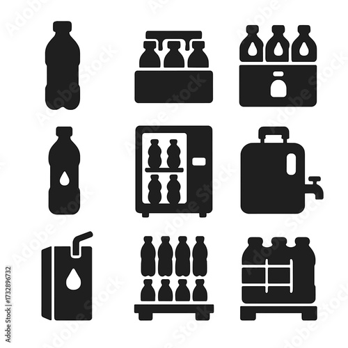Water Packaging Icons. Solid style icons of bottled and packaged water: sealed bottle, water crate, six-pack carrier, labeled
