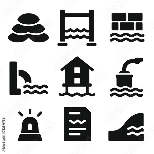 Flood Prevention Icons. Solid style icons of flood prevention and management: sandbags, floodgate, flood barrier wall, drainage