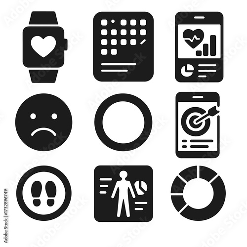 Wellness Tracking Icons. Solid style icons of wellness tracking and apps: smart watch heart icon, habit tracker app, health