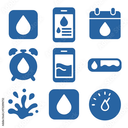 Water-Themed Mobile Icons. Solid style icons of water-themed mobile and UI icons: water drop button, hydration tracker app, refill