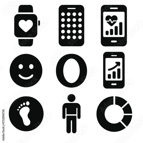 Wellness Tracking Icons. Solid style icons of wellness tracking and apps: smart watch heart icon, habit tracker app, health