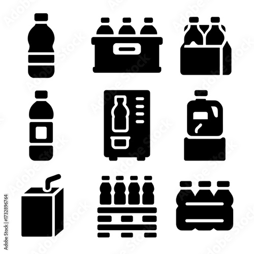 Water Packaging Icons. Solid style icons of bottled and packaged water: sealed bottle, water crate, six-pack carrier, labeled