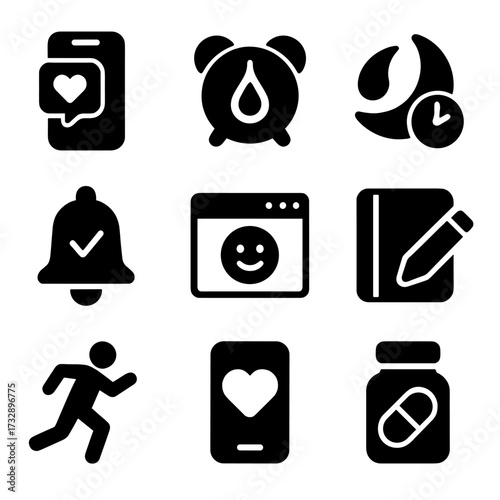 Wellness Icons Collection. Solid style icons of wellness reminders and alerts: daily wellness ping, hydration alarm, sleep timer,