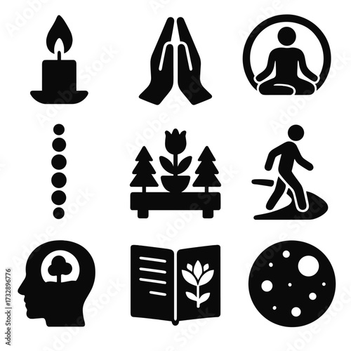 Spiritual Icon Set. Solid style icons of wellness and spirituality: candle flame, prayer hands, meditation circle, chakra path,