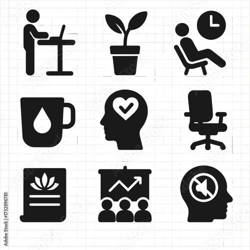 Workplace Wellness Icons. Solid style icons of workplace wellness: standing desk, office plant, wellness break icon, hydration