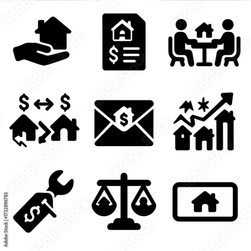 Real Estate Icons. Solid style icons of real estate negotiation and bidding: counteroffer icon, offer letter, negotiation table,