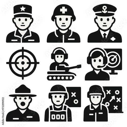 Military Profession Icons. Solid style icons of military and defense professions: soldier in uniform, army medic, navy officer,