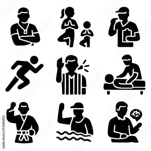 Sports Professions Icons. Solid style icons of sports and fitness professions: personal trainer, yoga instructor, gym coach,