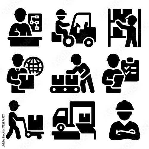 Logistics Icons Collection. Solid style icons of logistics and warehouse work: logistics planner, forklift driver, warehouse