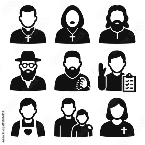 Spiritual and Community Roles. Solid style icons of spiritual and community roles: pastor with cross, monk with robe, spiritual