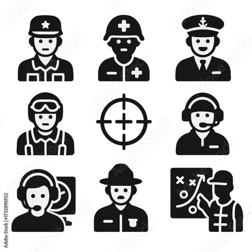 Military Profession Icons. Solid style icons of military and defense professions: soldier in uniform, army medic, navy officer,