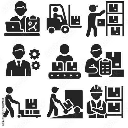 Logistics Icons Collection. Solid style icons of logistics and warehouse work: logistics planner, forklift driver, warehouse