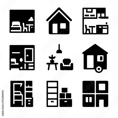 Compact Living Icons. Solid style icons of small living spaces: studio flat, micro home, compact loft, dorm room, minimalist