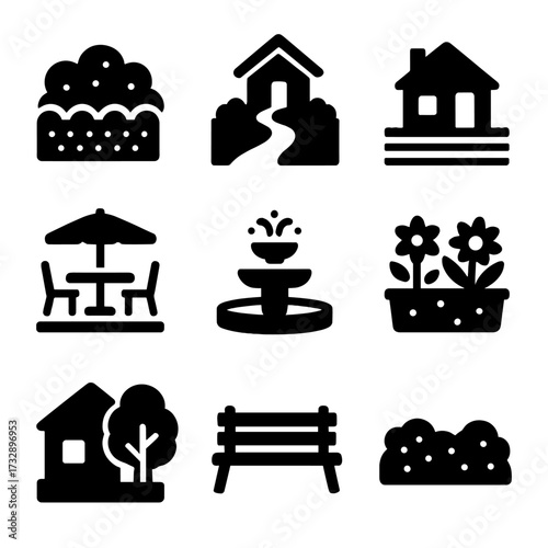 Garden Landscape Icons. Solid style icons of gardens and landscape around houses: trimmed hedge, garden path, front lawn, backyard