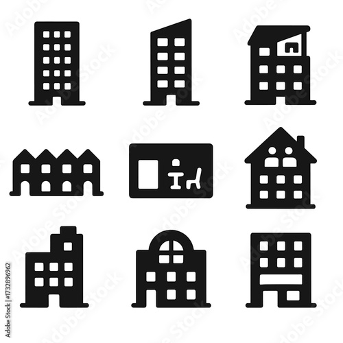 Urban Housing Icons. Solid style icons of urban housing styles: city apartment tower, high-rise condo, penthouse unit, row houses,