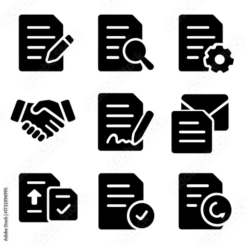 Contract Lifecycle Icons. Solid style icons of contract lifecycle stages: contract draft, review in progress, revision document,