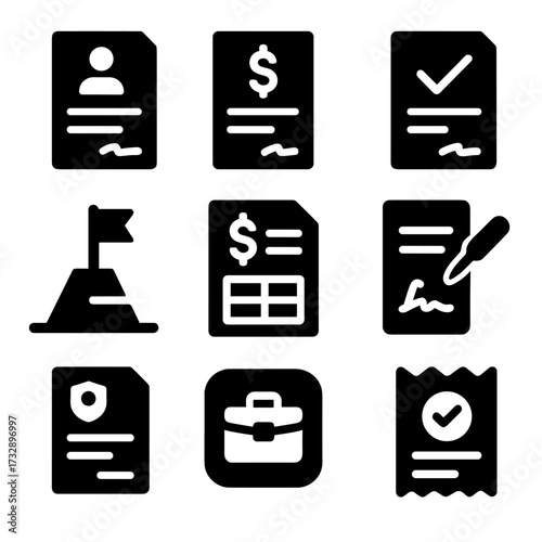 Freelance Contract Icons. Solid style icons of freelance and gig contracts: freelance agreement, hourly rate paper, task-based