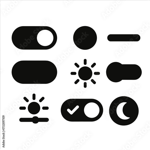 UI Toggle Icons. Solid style icons of UI toggles and switches: on switch, off switch, toggle knob, slider bar, dimmer icon,