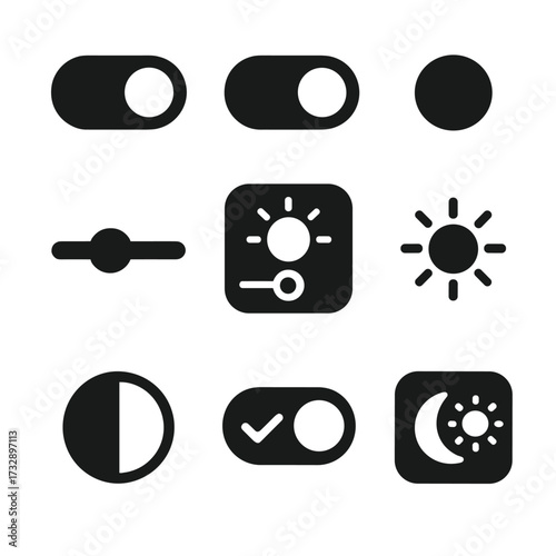 UI Toggle Icons. Solid style icons of UI toggles and switches: on switch, off switch, toggle knob, slider bar, dimmer icon,