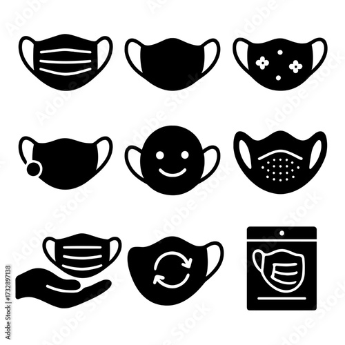 Face Mask Icons. Solid style icons of face mask variations: pleated mask, dual-layer mask, printed mask, adjustable earloops, kids