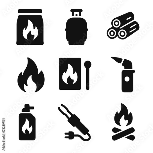 Fire and Heat Icons. Solid style icons of fire and heat sources: charcoal bag, gas tank, firewood stack, lighter fluid, electric